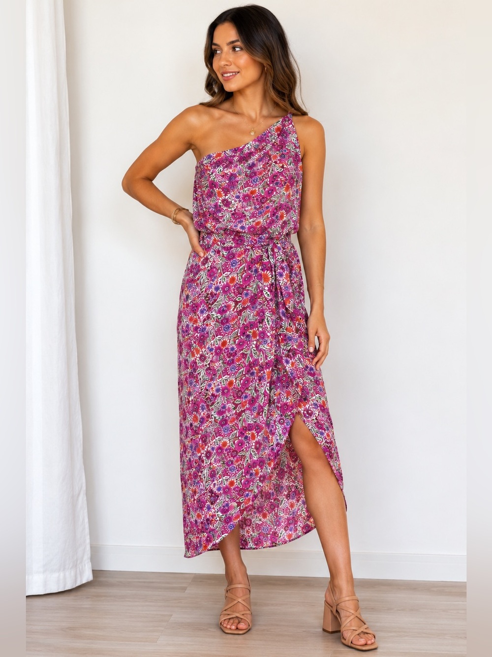 Skylar + Madison One Shoulder Floral Midi Dress M Pink Asymmetrical Hem